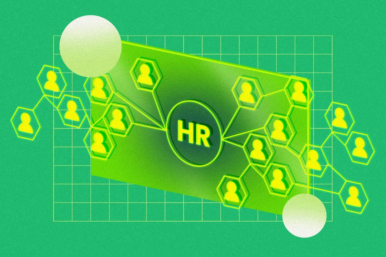 “HR” text surrounded by the silhouette of employees avatars