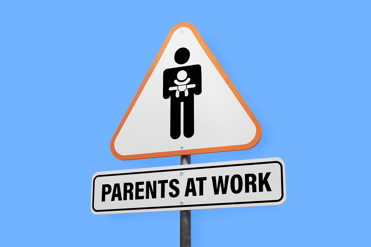A triangular road sign with the image of a figure wearing a baby carrier. Below another sign reads 'Parents at work'. Illustration