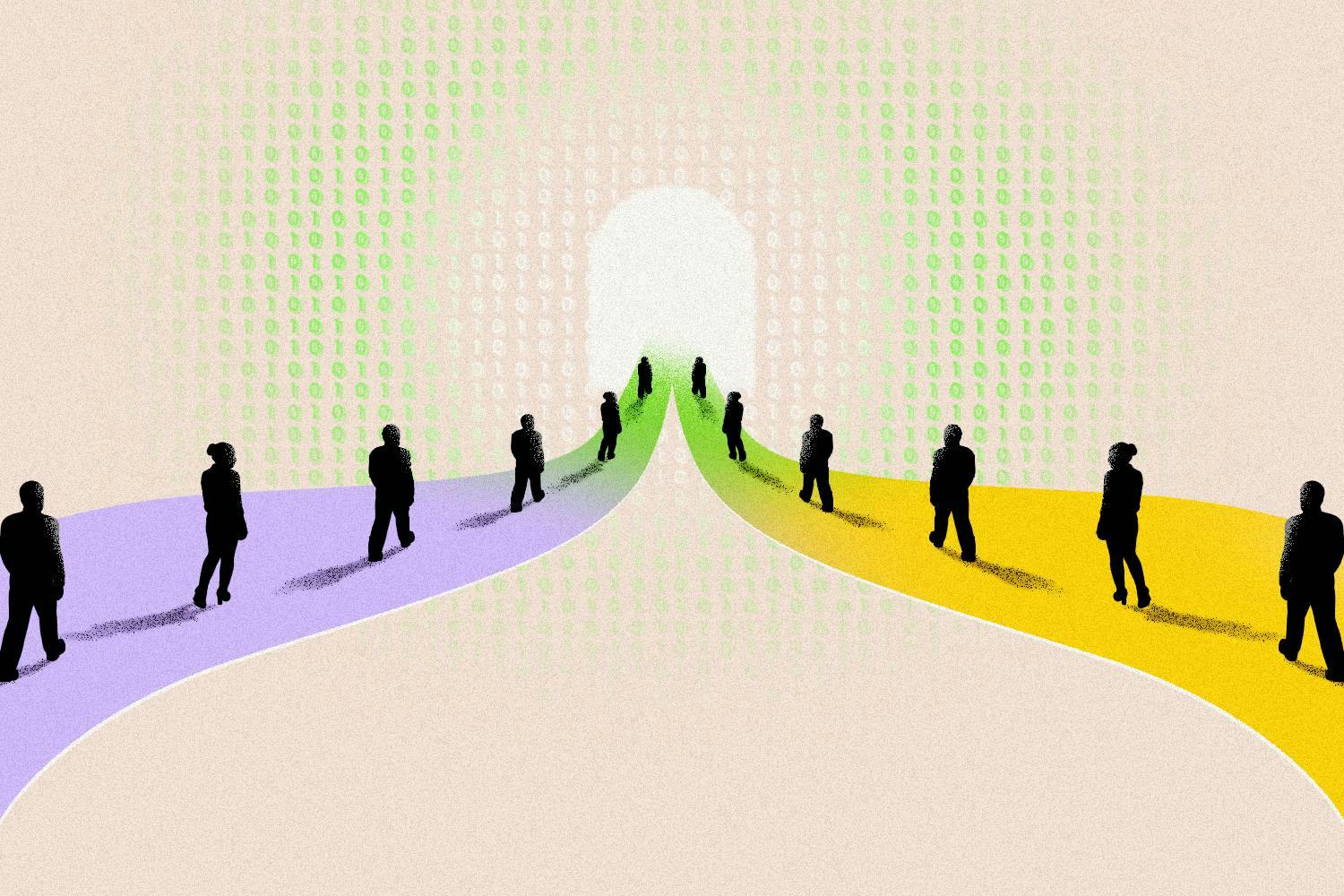 The silhouette of employees walking along separate colorful pathways towards the same tunnel of light surrounded by binary code
