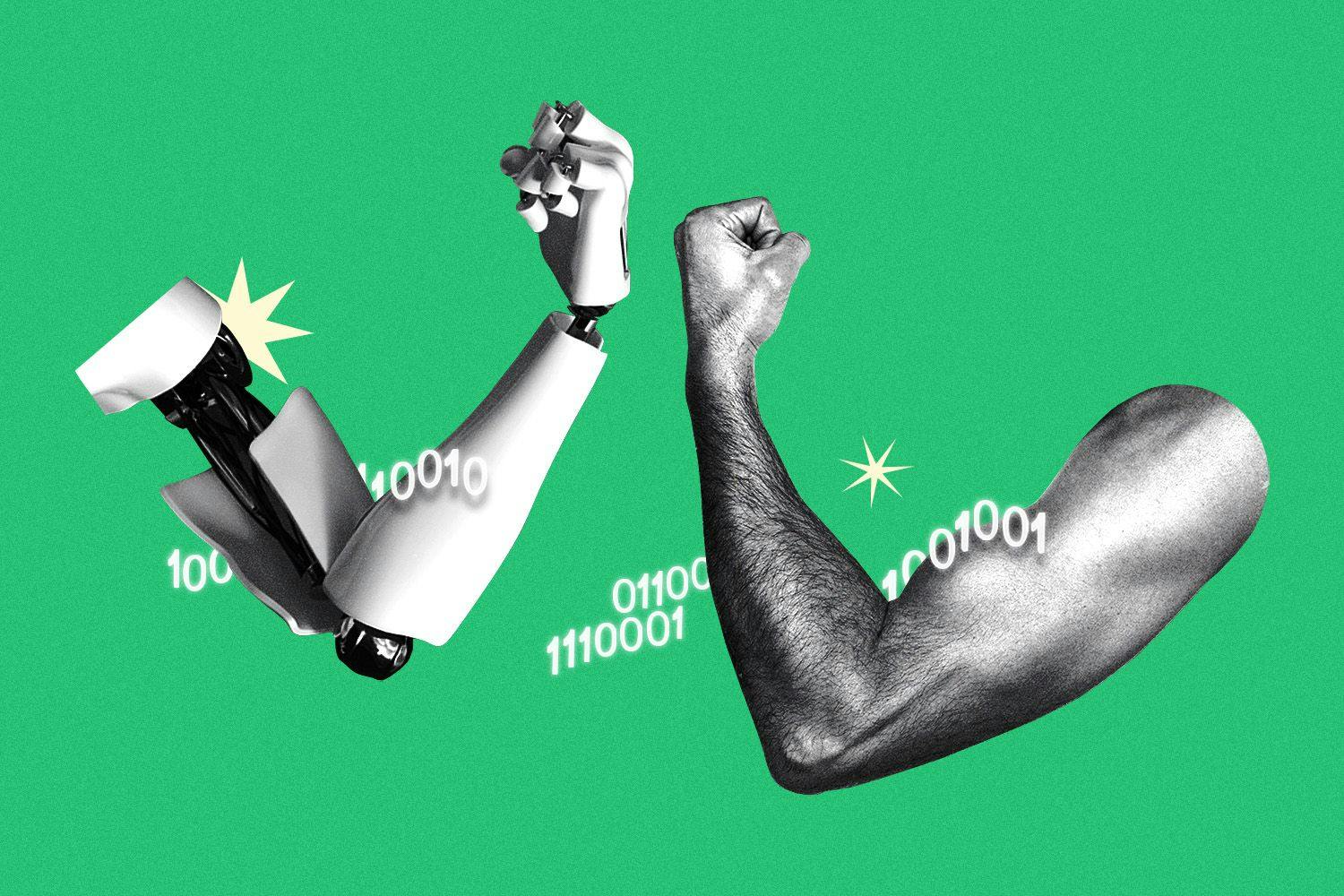 Binary code overlapping AI arm and human arm flexing