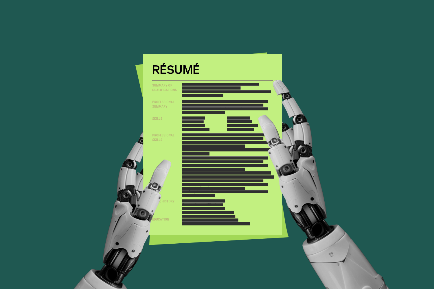 AI robot arms holding out a resume in its hands scanning it green